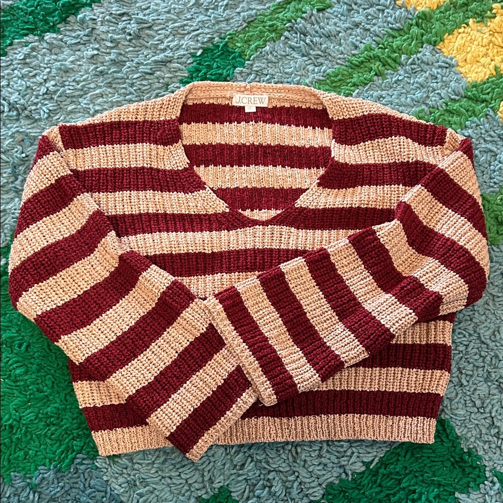 J. Crew Montauk V-Neck Sweater - Burgundy and Beige Stripes M NWOT